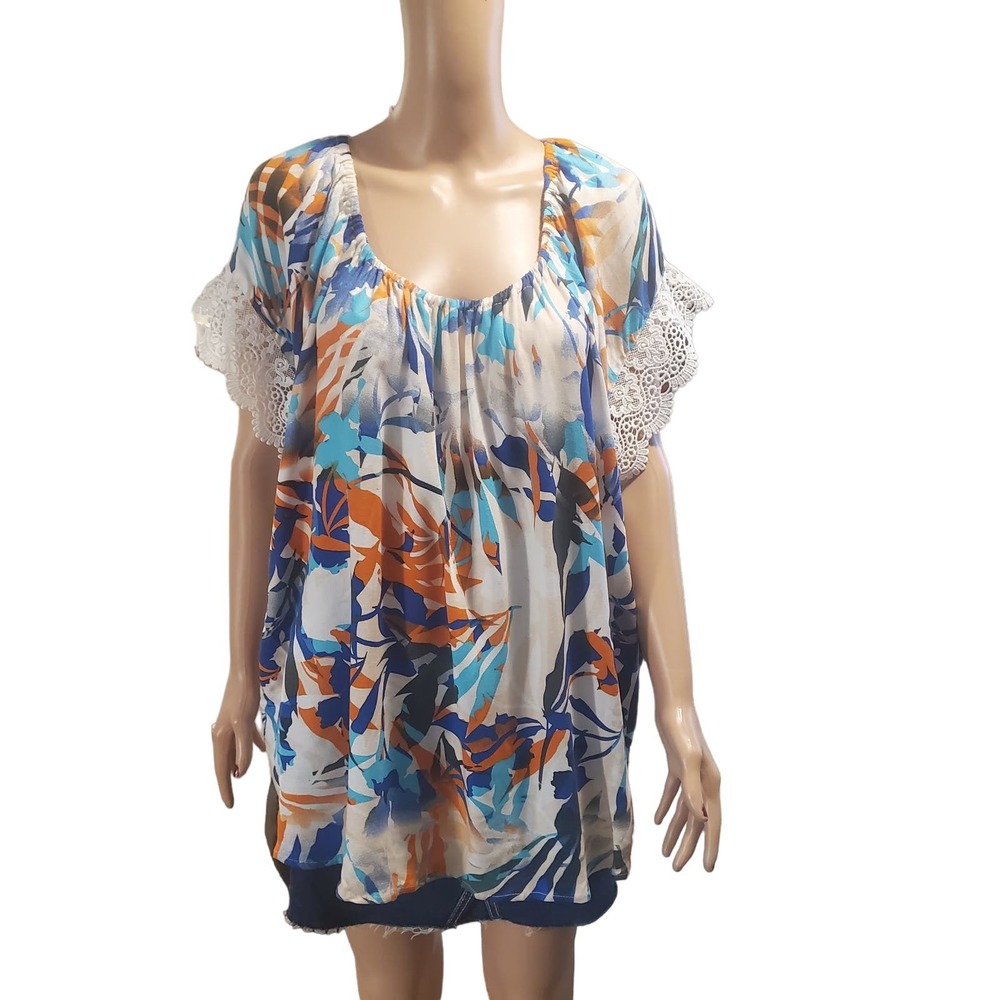 NEW 89th & Madison Lace Sleeve Blue Orange Floral Tie Back Elastic Neck Top